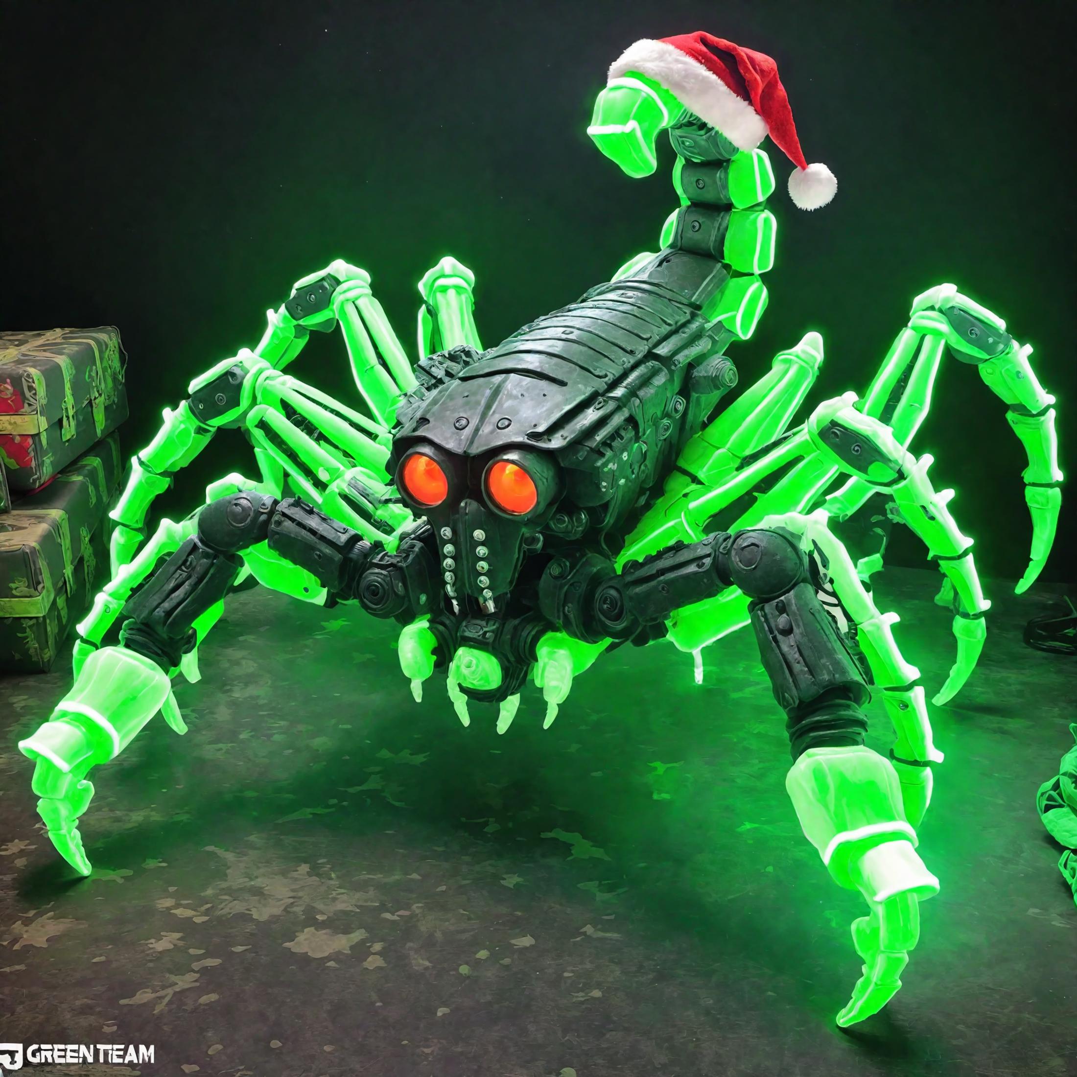 A mechanical green spider with a Santa hat on a black background.