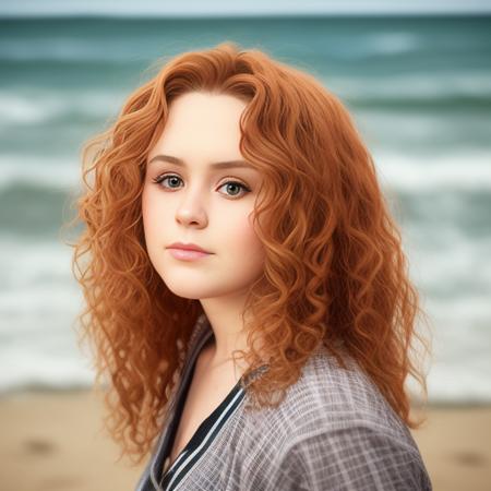 Casual photo, three quarter view, 3liza2, casual, walking along a beach,  sharp focus, studio light, rule of thirds, studio backdrop, Long curly red hair with ringlets, fit to image, headroom,