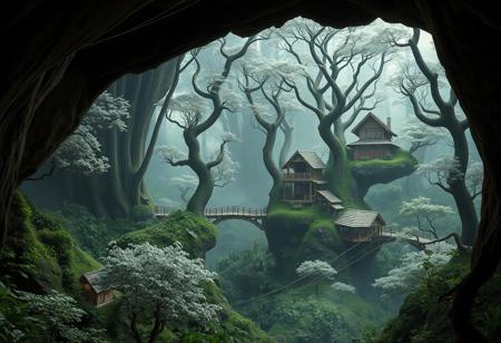 forest in a cavern, silver leaves, windy taiga
Indonesian village, homes built into trees, organic homes, bridges, mist and fog, silver leaves
fantasy, realistic