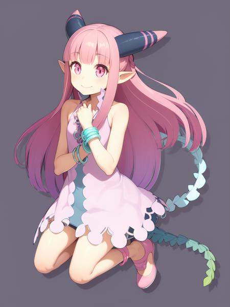 <lora:milleaf:1> milleaf, 1girl, solo, pink hair, long hair, horns, tail, pointy ears, pink eyes, smile,  shoes, dress, full body, jewelry,  bracelet, own hands together