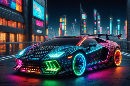 a cyber coupe made out of RGB Keyboards, with angular design, tinted windows, solo, glowing rims with RGB lights, illuminated wheels, a digital space station hangar with metallic walls glowing with RGB lights, stars visible, detailed background, floating above a rooftop, thrusters active with RGB lights, city below, action focus, medium shot, a glowing RGB billboard with RGB lights, displaying ads, in the background, best quality, vibrant colors, photorealistic style, high detail, high-definition, hyper-realistic, extremely high-resolution details, fine texture, incredibly lifelike, realistic, not cartoon, not drawing, highres, 4K resolution, source photo, realistic photo, masterpiece, best quality, amazing quality, very aesthetic, ultra-detailed, detailed textures, natural lighting, soft lighting, cyberpunk neon colors, deep blues, fiery reds, RGB pulse, rhythmic and dynamic, dynamic angle, wide shot, <lora:RGB_Keyboard_themed-000008:1>