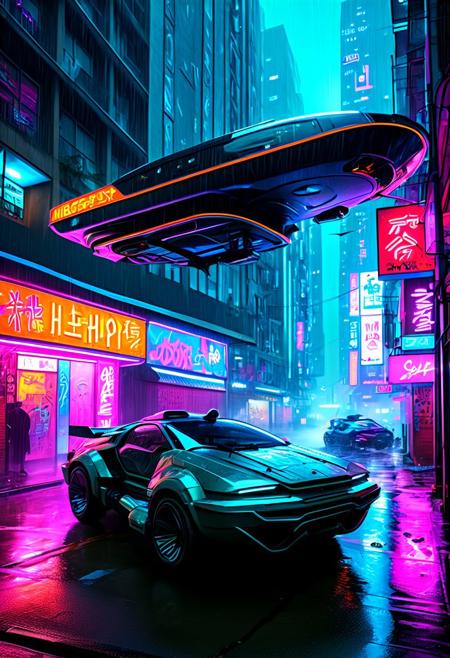 A futuristic cyberpunk flying car parked on a futuristic street in the rain, street lined with multi-storey buildings covered in neon signs, graffiti and advertisements, the street is dark, dingy, dirty and grimey, bathed in multi-coloured light reflections from the neon signs