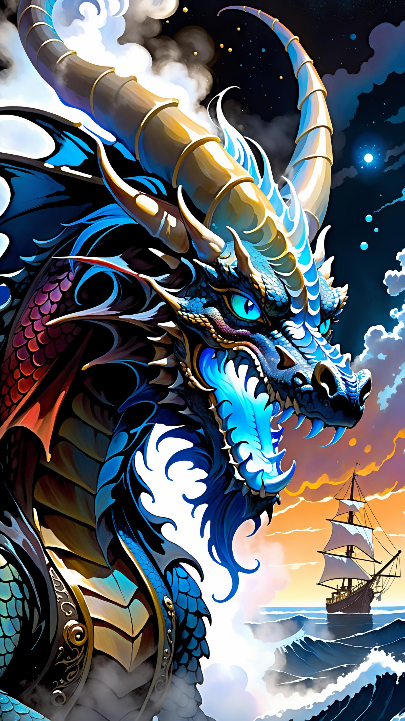 A Blue and Black Dragon with Blue Eyes and Gold Horns on a Dark Sky with a Boat in the Background.