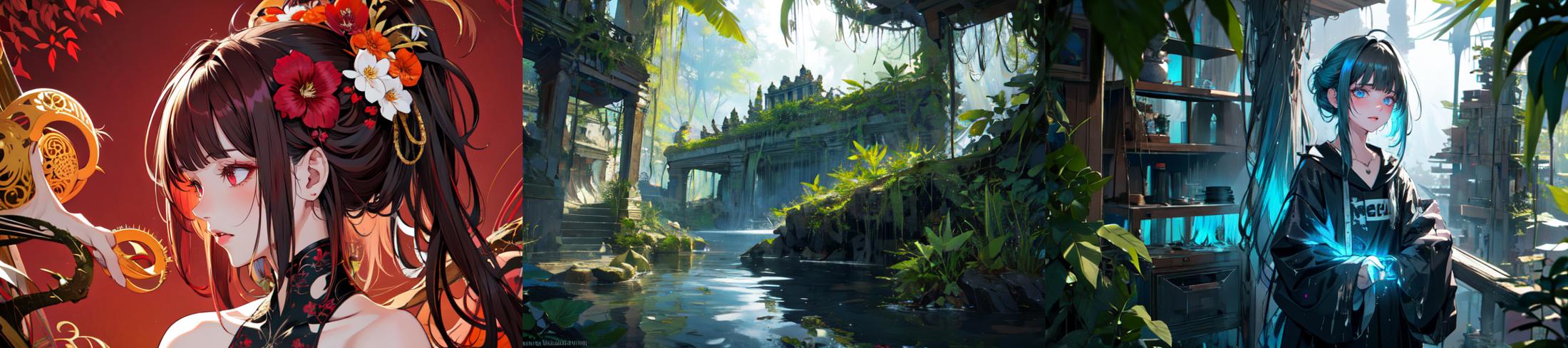 highly insanely detailed, masterpiece, top quality, best quality, highres, 4k, 8k, RAW photo, (very aesthetic, beautiful and aesthetic), 
ruins in a fantasy jungle, FanJu, 
<lora:FantasyJungle-11:0.6>, 
(1girl:1.3), 1other, 
__lazy-wildcards/prompts/hair__, 
__lazy-wildcards/dataset/background__,âââ