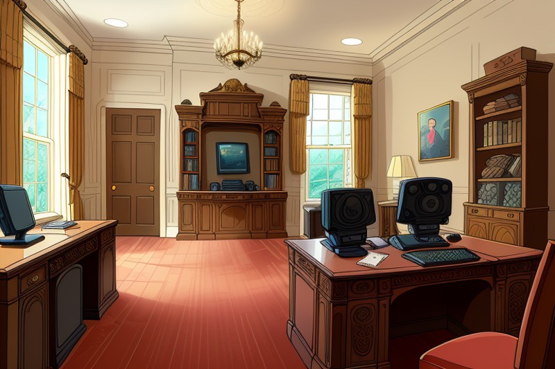 cartoon interior of the presidents office in the white house, american flag hanging on the wall, large glowing computer on...