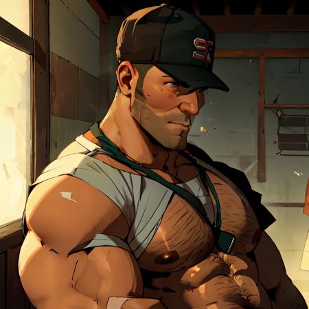 (scout_tf2), muscular male, (baseball cap, bandages), short hair, male focus, side burns, nipples, hairy, <lora:ticktockLora-10:0.65>