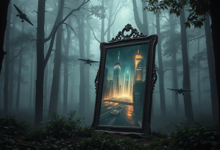 A freestanding, antique mirror sits in a dense, foggy forest, (but instead of reflecting the forest, it shows an entirely different world:1.4). Inside the mirror, a futuristic cityscape with flying vehicles and glowing skyscrapers pulses with life.Hyperrealistic glass textures, intricate alternate realities, and dramatic atmospheric effects.