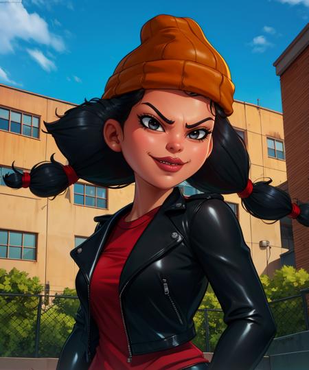 Ashley,black eyes,twintails,lips,
beanie,red shirt,leather jacket,
standing,upper body,smile,serious,from below,
school yard,outdoors,
(insanely detailed, beautiful detailed face, masterpiece, best quality),solo,<lora:ashley:0.8>,