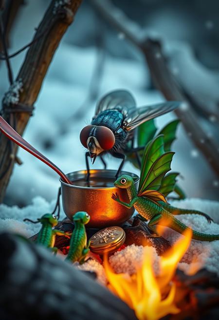 surreal VFX, big domestic fly stirring broth  with a steel red spoon on a campfire, sitting with a group of little green dragons with dark green wings seen under an electron scanning microscope, with details, snow, winter, vivid colors