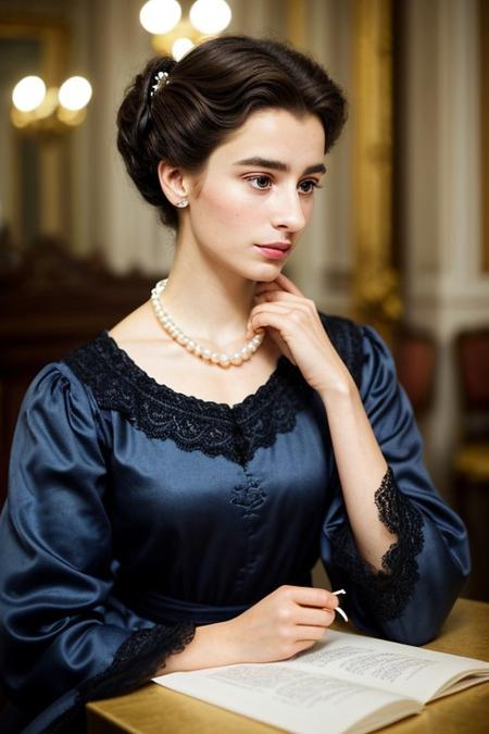 objectif 55mm f/2.8 Olympe de Gouges stands in the center of a Parisian salon illuminated by the flickering glow of candlelight, surrounded by philosophers and revolutionaries. Petite but elegantly poised, she wears a dark blue robe à la française, adorned with delicate lace at the sleeves and neckline, reflecting a modest elegance true to her character. Her powdered hair, styled in a neat updo, allows a few rebellious curls to escape, softening her oval-shaped face.

Her piercing gaze, deep brown and sharp, captures the attention of the gathered guests, oscillating between contemplation and determination. Her fair complexion, slightly marked by the strain of long nights spent writing, is subtly brightened by a faint blush on her cheeks. On her thin lips, a half-pensive, half-defiant expression reveals the complexity of her thoughts.

In her delicate, ink-stained hands, she firmly holds a rolled parchment—undoubtedly a speech or a bold project for women’s rights. Around her neck, a simple pearl necklace glimmers faintly, adding a touch of refinement to her silhouette.

