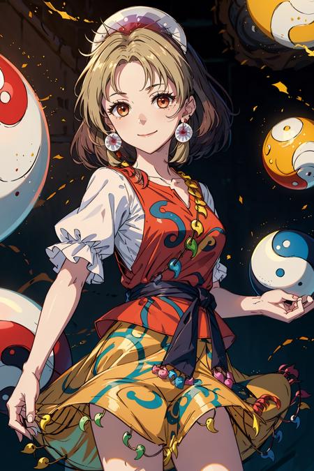 masterpiece, best quality,  <lora:TamatsukuriMisumaru:1>,
1girl, magatama, orb, yin yang, yin yang orb, yellow skirt, skirt, shirt, short sleeves, solo, puffy short sleeves, blonde hair, jewelry, puffy sleeves, white shirt, smile, blouse, short hair, red shirt, sash, brown eyes, closed mouth, earrings, magatama necklace, multicolored hair, looking at viewer, red vest, hair ornament, medium hair, necklace, brown hair, eyes visible through hair, light brown hair, breasts, vest