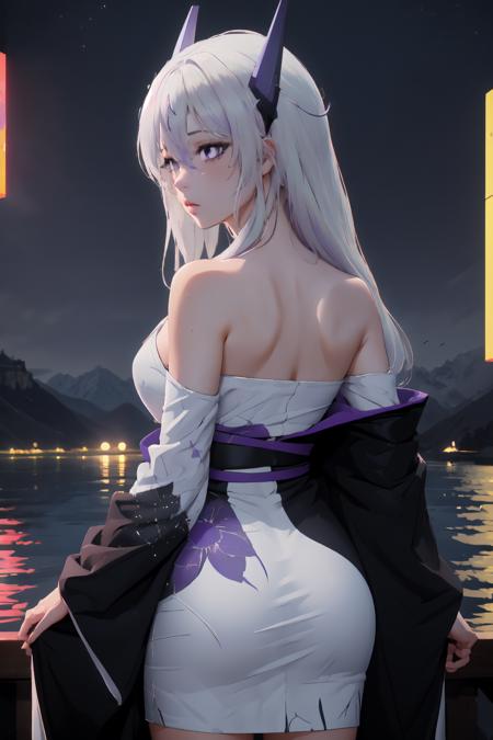 Highly detailed, High Quality, Masterpiece, beautiful, 1girl, Meine, purple eyes, headgear, <lora:Meina:0.7>, white hair, yukata, short yukata, <lora:Outfit_Kimono:1>, night, (dark environment), mountains, water, trees, red moon, hair flower, from behind, looking to the side, <lora:Style_DarkIncursioStyle:1>