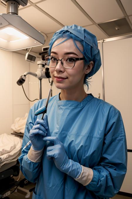 (RAW photo, best quality), operating room, overhead surgical light,blurred background, focused, dithering,backlighting,upper body,
<lora:Aya Miiko_3dCG_V3.0:0.4> (aya miiko, 3dcg03, 1girl, solo, redeyes, blue hair,glasses),
 <lora:Gloving_UP_V2.0:0.8> gloving_surgeon, surgical mask, long sleeves, looking at viewer, adjusting gloves, bouffant cap, gloves,glove pull,