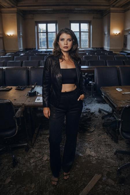 YasminBleeth, 30yo, wide hips, dark eyeliner, dark eyeshadow, high fashion makeup, ((wide shot)),
BREAK,
a photograph by Teo Bee Yen,
outfit and hair styled by Martin Schongauer,
inside a post-apocalyptic ruined city hall, grand staircase, empty offices, overturned council chamber chairs, faded mayoral portraits.,
BREAK
masterpiece, realistic, hyper realistic, high contrast, High Detail, 8k, 4k, raw photo, full sharp, dramatic lighting, hassleblad photography, analog style,big depth of field, cinematic color grading,
<lora:3DMM_V12:0.5> <lora:tangbohu-detailmaker_v2.5:1>, <lora:LowRA:0.5> <lora:YasminBleeth_v01_TigonTX:0.7>