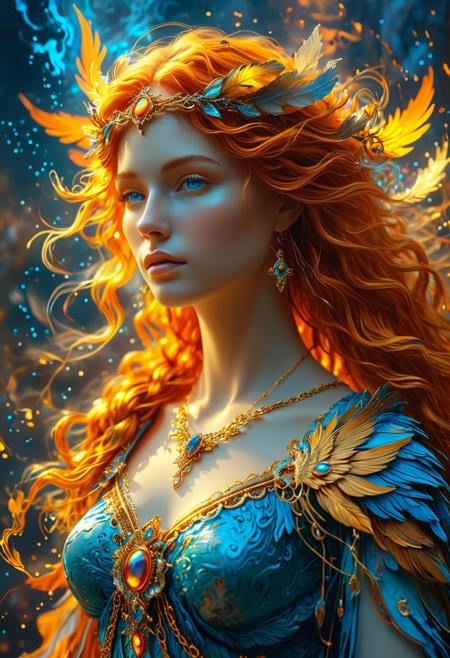 Behold the captivating portrait of Justicia, an orange-haired Roman Goddess of Justice, portrayed in a Pre-Raphaelite time-lapse, with abstract cyber graffiti elements and a mystical aura. This high-resolution, detailed portrait showcases the Midjourney style, featuring an ethereal atmosphere, flowing locks, captivating eyes, and a cosmic, divine presence.
The image boasts vibrant colors, soft lighting, and a professional touch, displaying a digital painting that exudes an enchanting presence and a dreamy, fantasy-like quality. The subject's mesmerizing gaze, detailed and intricate hair, and divine radiance are accentuated by the professional lighting and hyper-realistic 4k 3D rendering.
This portrait embodies a mythical goddess with radiant lighting, scales, a sword, and a blindfold, reminiscent of a phoenix rising from the ashes. The entire composition is elegant, ethereal, and mystical, capturing the essence of a magnificent, radiant, and enchanting female figure.