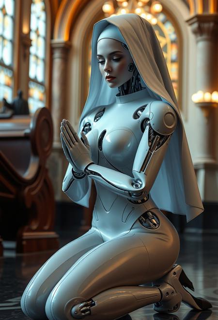 photo of robot nun, mechanic beautiful face, cybernetic implants, ultradetailed metal skin , full lips, praying on knees, nun tight outfit, sexy body, wide hips, thick thights, high heels, seducing pose, lot of detailes, futuristic cyberpung church, unreal engine