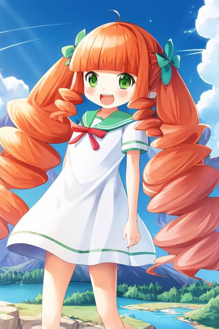 1girl, pomponette, blunt bangs, twintails, green eyes, hair bow, white dress, sailor collar, mountain, river, :d <lora:pomponette:0.6>