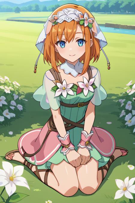 shara, orange hair, blue eyes, medium hair light green dress, straps, detached collar, lace veil, flower petals around chest, wrist cuffs, pink skirt, green skirt, sandals