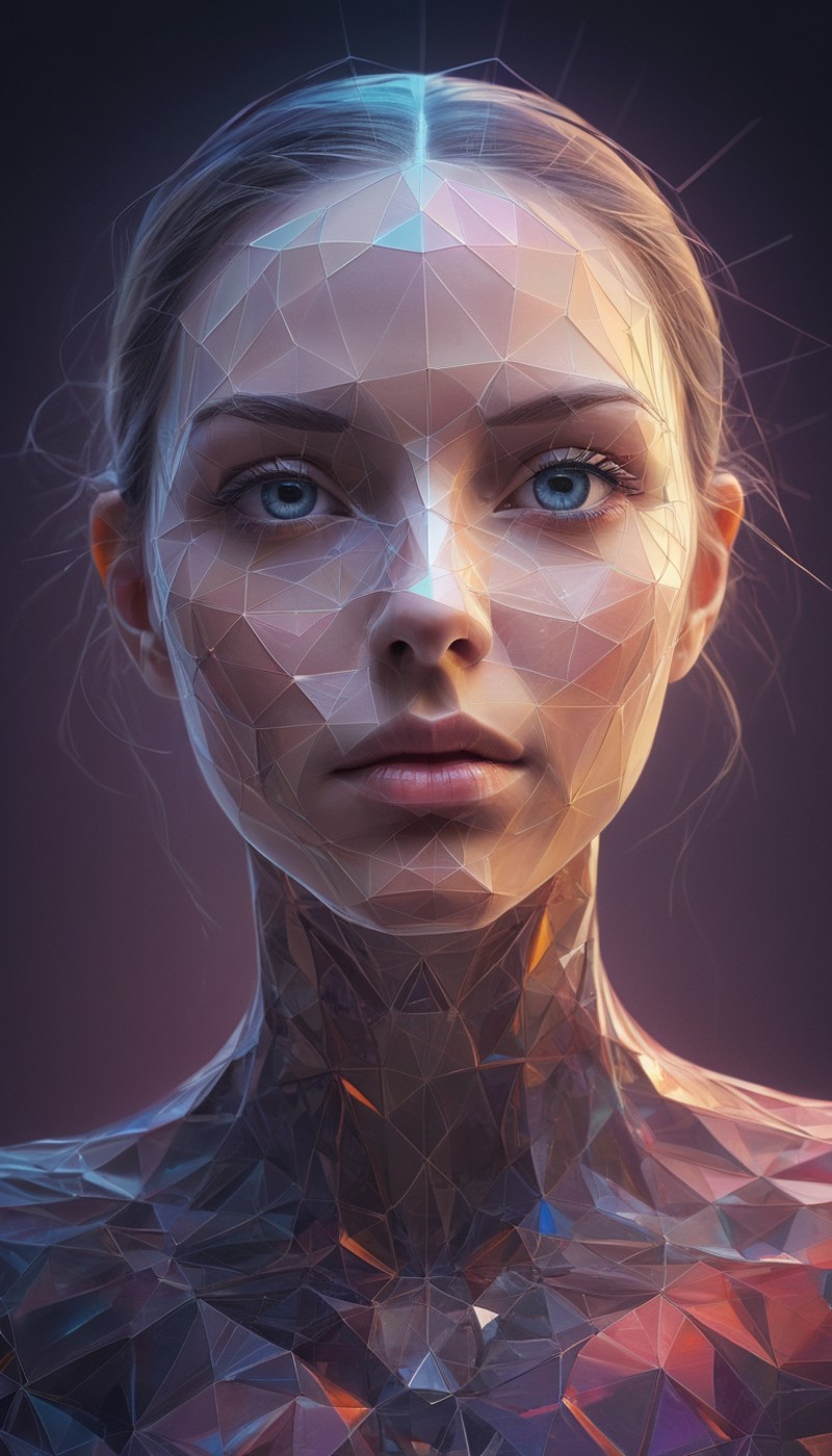 ral-polygon,Envision a portrait of an advanced android, her silhouette a striking blend of human intricacy and futuristic ...