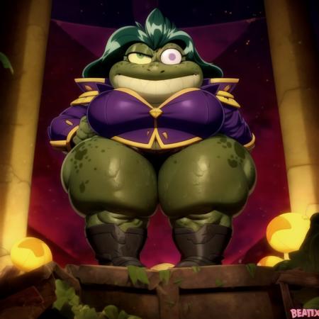 short middle-aged Captain Beatrix female toad  swamp green skin deep green hair scar on her left eye purple uniform