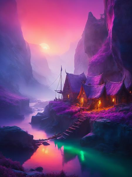 ethereal fantasy concept art of magical Vikings village,first light of dawn through a cliff edge hillside,warm radiance lighting,painted in hues of emerald,pink and lilac,Vikings flit about preparing for the day,style of Kim Keever,style of Mikalojus Ciurlionis. magnificent,celestial,ethereal,painterly,epic,majestic,magical,fantasy art,cover art,dreamy,