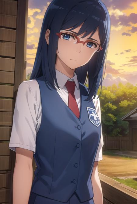 chirikotsurumi, <lora:chiriko tsurumi s1-lora-nochekaiser:1>,
chiriko tsurumi, long hair, blue eyes, blue hair, glasses, red-framed eyewear,
BREAK school uniform, necktie, watch, wristwatch,
BREAK outdoors, house, fields, grass, sky, sun, clouds,
BREAK looking at viewer, (cowboy shot:1.5),
BREAK <lyco:GoodHands-beta2:1>, (masterpiece:1.2), best quality, high resolution, unity 8k wallpaper, (illustration:0.8), (beautiful detailed eyes:1.6), extremely detailed face, perfect lighting, extremely detailed CG, (perfect hands, perfect anatomy),