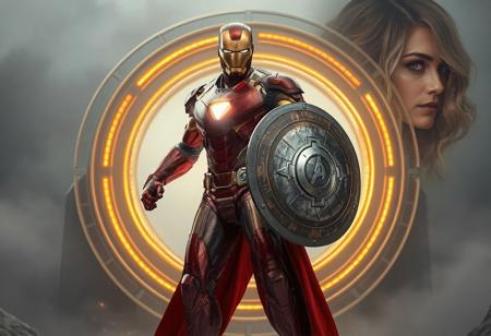 "Create a photorealistic, detailed image of Daredevil Iron Man standing on an anomalous SCP Illusion Gate, following the golden ratio. He should have a realistically proportioned body, wearing gilded red robes, and carrying a metallic Thunderstrike shield. The setting should suggest a daring and driven attitude. The image should be rendered in 8K with a medium shot and an athletic pose, suitable for a Pexels contest. Consider adding a female character in the background, with long wavy hair and heavy eyes to the side."