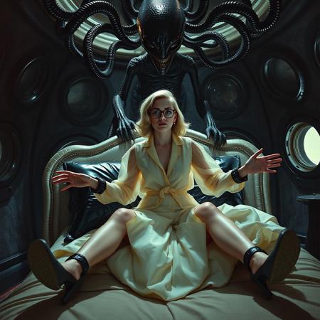 Terrified blonde secretary, clad in a  1950s flowing open transparent chiffon blouse, her glasses askew, her satin skirt lifted, her legs spreaded wide open, knees bent, hands tied to headboard,  she impregnated in a weird, biomechanical  bed with steel restraints under tentacle canopy, its black glossy foil pillow reflecting the faint glow of the whorish boudoir. Glossy fluffy  high heels a stark contrast to her distress, as a towering, human-like alien in a glossy black slime baroque  robe looms over her, its long fingers grasping her  nipples.The walls appear to be alive, covered in a pulsing, iridescent slime, while giant observation portholes gaze in like empty eyes, as if the very darkness of space itself is watching this horrific scene unfold. Inspired by the dark, industrial sci-fi of H.R. Giger, the eerie, atmospheric lighting of Zdzisław Beksiński, and the surreal, biomechanical nightmares of Francis Bacon.