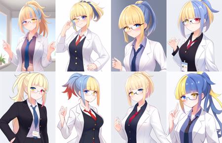 masterpiece, best quality, paisonchan, 1girl, solo, heterochromia, yellow eye, blue eye, multicolored hair, (split-color hair:1.4), blue hair, (blonde hair:0.80), blunt bangs, ponytail, glasses, labcoat, necktie, office lady,  <lora:paison-chan_3600-step_40-epoch:0.70>