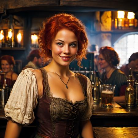 highly detailed candid photo of young 18yo female barkeep:1.2,

1girl, solo, short hair, breasts, looking at viewer, smile, red hair, cleavage:1.2, freckles, blue eyes, smoke, skirt, upper body, jewelry, small breasts, bare shoulders, blurry, parted lips, she leans next to the bar awaiting an answer, cute face:1.2,

masterpiece, best quality:1.1, realistic:1.3,
shadow play:1.0,  dark interior, medieval tavern:1.-, 

ultra photoreal, photorealistic:1.0, sharp focus:1.1, 
depth of field:1.1, 

50mm, style of Nathan Wirth, Hasselblad X1D II, Porta 160,
