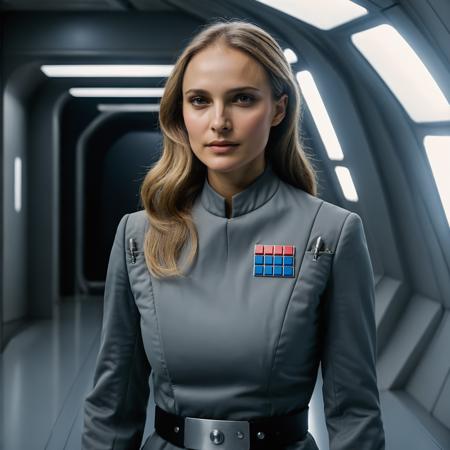 professional portrait photograph of a woman, Natalie Portman with (long sandy blonde hair), (wearing an Imperial officer (gray) uniform, <lora:Imperial Officer:0.7>), (looking at the camera in a futuristic spaceship corridor:1.2), summer <lora:DetailedEyes_V3:0.8> (pores:0.5) (freckles:0.2) (bokeh:0.3)