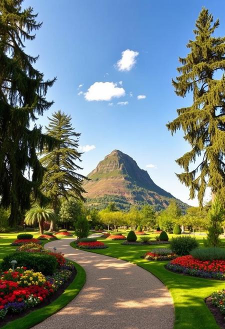 This is the southeastern part of the gardens and the path bends from the
north to the west.  Tall trees sway in the wind and colorful flowers lie in
thoughtful arrangements.  A steep hill drops off to the south, marking the
border of the grounds. A few scattered clouds dot the sky.