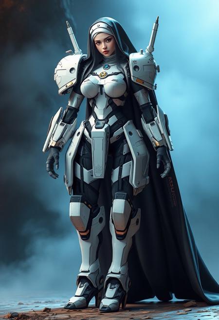 Sexy Mecha Nun, a giant piloted mech-suit in the form of a Nun, with a Nun inside, piloting the mecha...