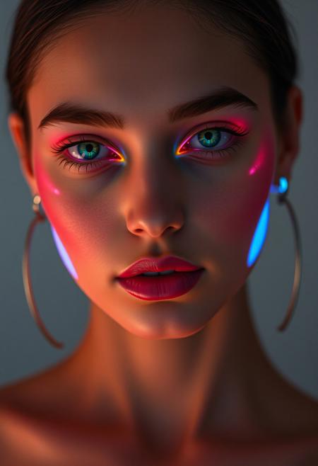 (subtle integrated LED body modification:1.5), (permanent LED makeup:1.6), (soft multicolored glow beneath the skin:1.6), ((embedded LEDs:1.5)) enhancing cheekbones, jawline, and lips, (gentle projected makeup:1.5), (dynamic light hues shifting with facial expressions:1.4), ((flawless radiant skin:1.7)), (futuristic elegance:1.5), ((subtle LED glow enhancing facial features:1.7)), seamless, natural-looking tech-infused beauty, (soft under-skin glow:1.6), (delicate LED accents around eyes:1.6), (high-definition:1.5), (perfect anatomy:1.6), (radiant smooth skin:1.7) with soft integrated lighting, (permanent light contours:1.5), soft color projection, (hyper-realistic textures:1.6) blending LED with natural skin tones, refined facial definition, (glowing accents enhancing natural beauty:1.7), (high-resolution:1.5), advanced tech enhancing classic beauty, (subtle glow as makeup:1.6), (refined color transitions), ultra-modern beauty enhancement, radiant yet understated