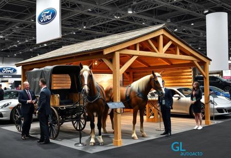 instagram photograph of a Amish horse stand at an automotive trade show. The Amish stand looks rustic made of wood and forged steel. At the booth are a buggy and two horses. The booth looks out of place next to Ford and Porsche futuristic cars, business men and show girls.