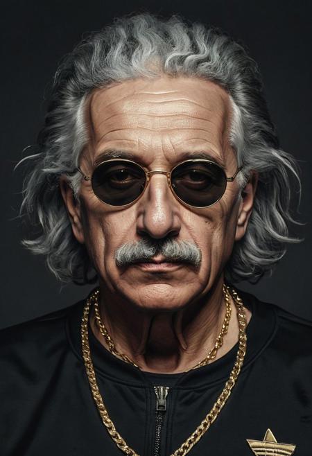 closeup portrait of Albert Einstein with him wearing a black Adidas style tracksuit and gold chains and Rayban style sunglasses, serious look, moody, highly detailed, high contrast, white background