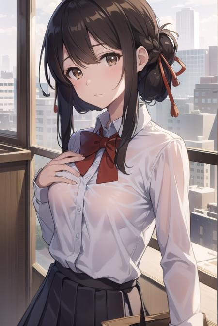 mitsuhamiyamizu, <lora:mitsuhatest:1>,
mitsuha miyamizu, black hair, (brown eyes:1.5), hair ribbon, (small breast:1.2),
BREAK bow, bowtie, kneehighs, pleated skirt, red bow, red bowtie, school uniform, skirt, white shirt, long sleeves,
BREAK looking at viewer,
BREAK indoors, classroom,
BREAK <lora:GoodHands-vanilla:1>, (masterpiece:1.2), best quality, high resolution, unity 8k wallpaper, (illustration:0.8), (beautiful detailed eyes:1.6), extremely detailed face, perfect lighting, extremely detailed CG, (perfect hands, perfect anatomy),