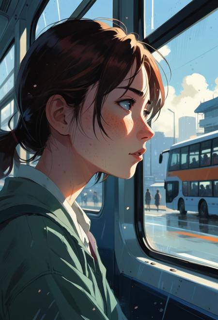 A beautiful, striking illustration in an abstract painterly hyper-anime style: A freckled young woman peers pensively out a bus window. Soft daylight washes over her profile, catching the curve of her cheek and the distant blur of a fellow passenger, capturing a moment of quiet introspection. Art style: moody neo-anime realism with strong color contrast, painterly, cinematic style, background with soft broad brushstrokes and moody atmosphere, painted-over photograph hyper-anime style, reminiscent of the painterly styles of Makoto Shinkai and Pascal Campion