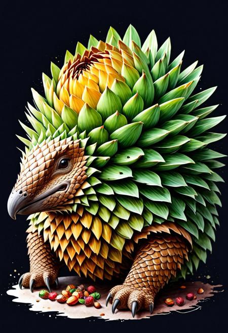 high quality, logo style, Watercolor, powerful colorful artichoke With a pangolin made of pemcil on it(pangolin bites, eats artichoke) logo , monochrome background, awesome full color,  <lora:EpicF4nta5yXL:0.8>