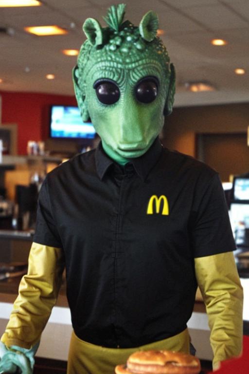 Man in a McDonald's shirt with an alien mask on his head.