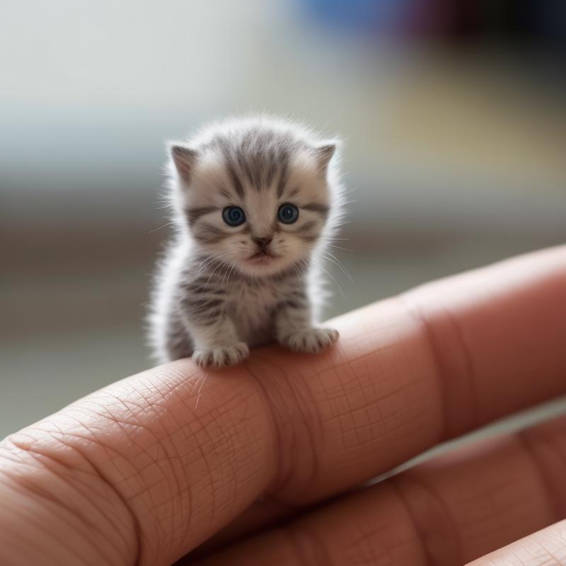 A tiny kitten sitting on a person's finger.
