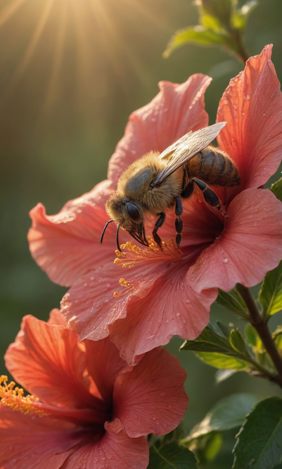 macro photography, bee, (pollen), red hibiscus, morning dew, golden hour, light rays, <lora:add-detail-xl:1>