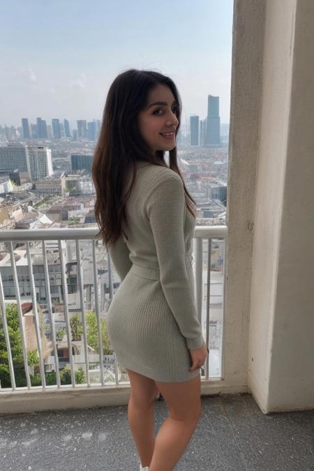 a front-view photograph,  RAW photo, 8k uhd, SLR, soft lighting, high quality, film grain, Fuji-film XT3, lpin-up pose, candid, amateur, {front|side|back} view, beautiful petite  (pakistani:1.1) woman facing the camera, she is wearing elegant short thin mini-dress, revealing feminine figure,  <lora:yuwei_V1:0.7> <lora:tight_clothes_v1:1>, wide hips, slim waist, high-heel shoes, balcony, panoramic city skyline, <lora:retromanba:0.4> Yamanba (dark skin), <lora:sps2:0.7> sexy smile, captivating, size 36D breasts, erect nipples, 
 <lora:bralessv2:0.4> (braless:1.2), (covered nipples:1.1), dglatte, eyeliner,