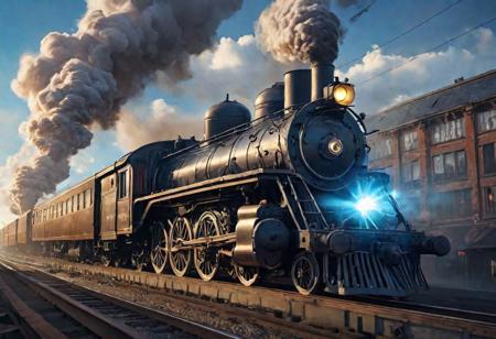 style by (Clay Mann:2.5),unique realistic, a man riding on a crazy train, old locomotive, phantasmagoria, Dynamic Angle, Dramatic Lighting, detailed masterpiece, digital painting,<lora:add-detail-xl:1.4>, windy epic polar, ,(luminous blue eye),professional make-up, mesmerize