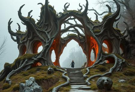 feral/savage aesthetic, masterwork special effects photo, female elven architect , designing organic structure using magic,