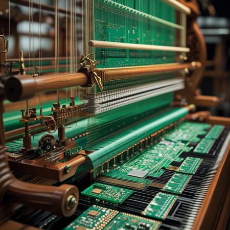 An ornate 19th-century Jacquard loom reimagined as a massive circuit-board weaving machine: the wooden frame becomes stacked translucent green PCB layers, warp and weft threads rendered as elegant copper traces, resistors and capacitors double as shuttle weights and bobbins, surface-mount ICs align like punch cards, tiny LEDs pulse along the pattern, hyper-realistic macro close-up, ultra-detailed, dramatic cinematic lighting, shallow depth of field, 8K resolution.