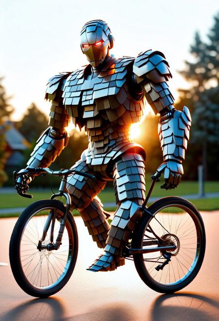 Ultrarealistic. sharp focus, dynamic lighting. play of light, reflection, refraction, Raytracing, Ultra detailed. A giant robot made of mad-shingles riding a tiny bicycle.