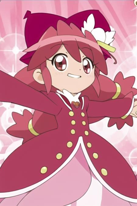 1girl, solo, smile, hat, outstretched arms, long hair, red hair, pink hair, spread arms, dress, twintails, red eyes, long sleeves, grin, pink background, <lora:双子星公主不可思议星球的双胞胎公主:0.8>