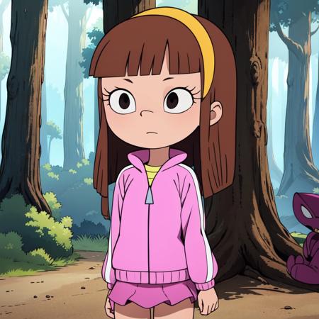 1girl, solo, Amy Anderson,  long hair, brown hair, blunt bangs, black eyes, hairband, pink jacket, magenta  skirt,   1girl, solo, Amy Anderson,  long hair, brown hair, blunt bangs, black eyes, hairband, pink jacket, magenta  skirt, brown boots, 