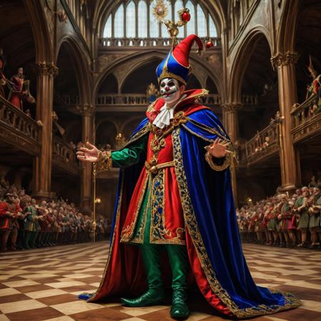 A court jester acting in the court of a powerful king, complete with jester outfit and jester hat.